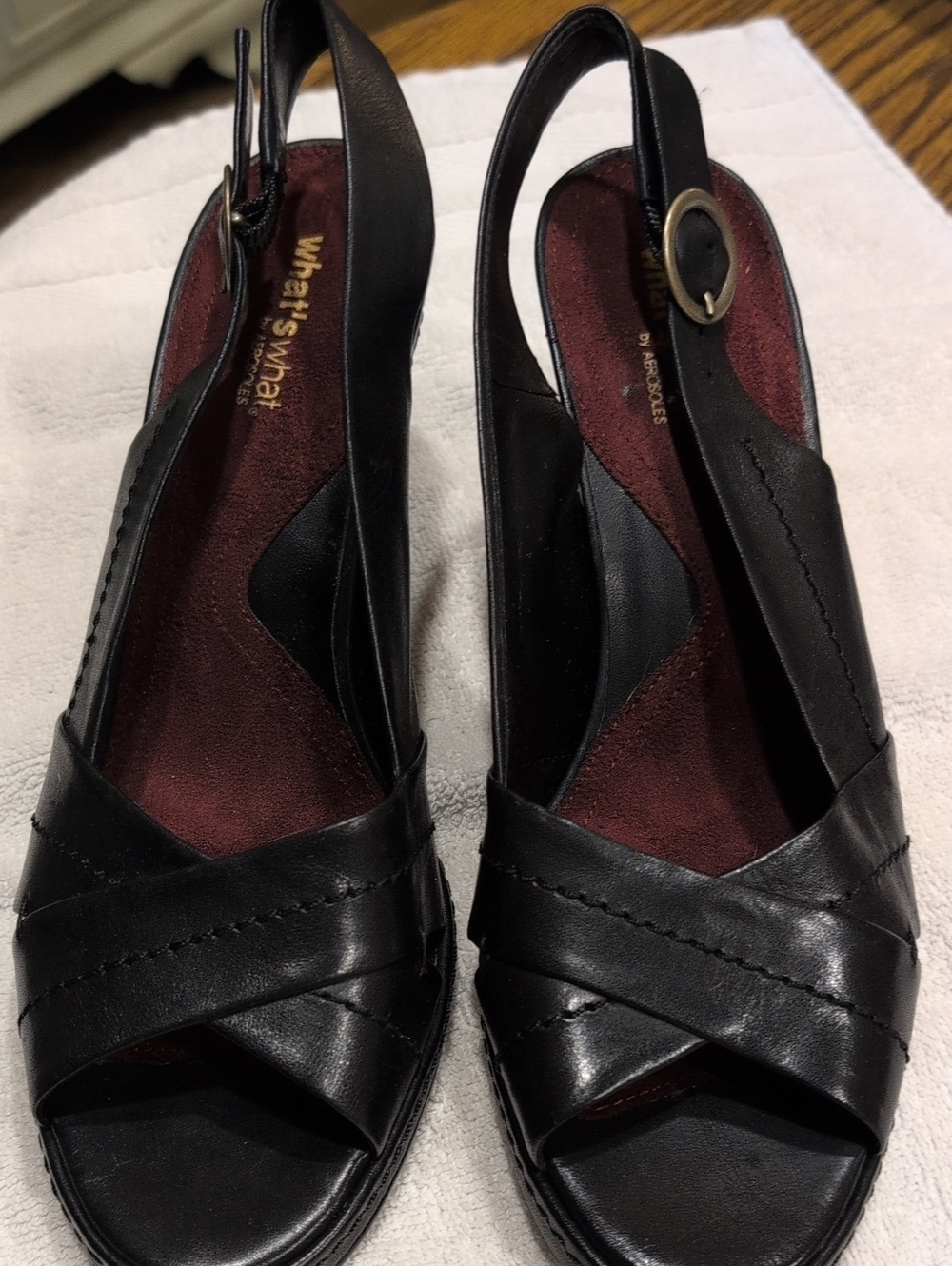 Black Leather Slingback Peep-Toe Wedge Sandals